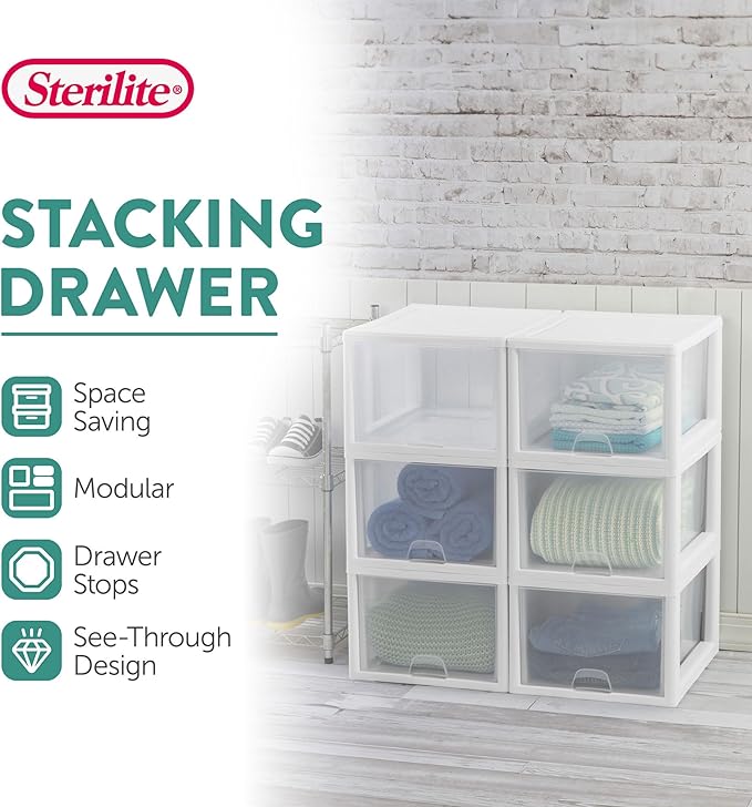 Sterilite 16-Pack 27 Quart Stacking Drawer, Clear Storage Closet Organizer, White Frame - Stackable Modular Plastic Drawers for Clothes, Accessories, Craft Supplies, Shoes or Linens