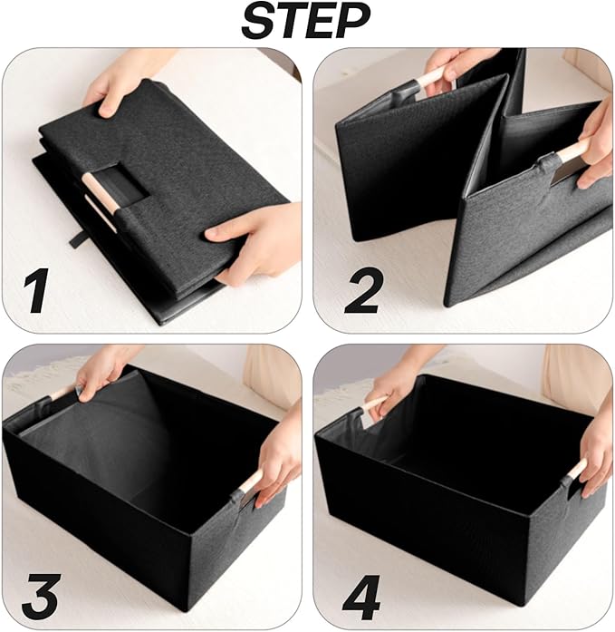 Fabric Storage Bin Box Foldable Cotton Linen Storage Basket with Wooden Handles Rectangular Cube Decorative Home Laundry Organizer Clothes Blanket Container – Black, Small