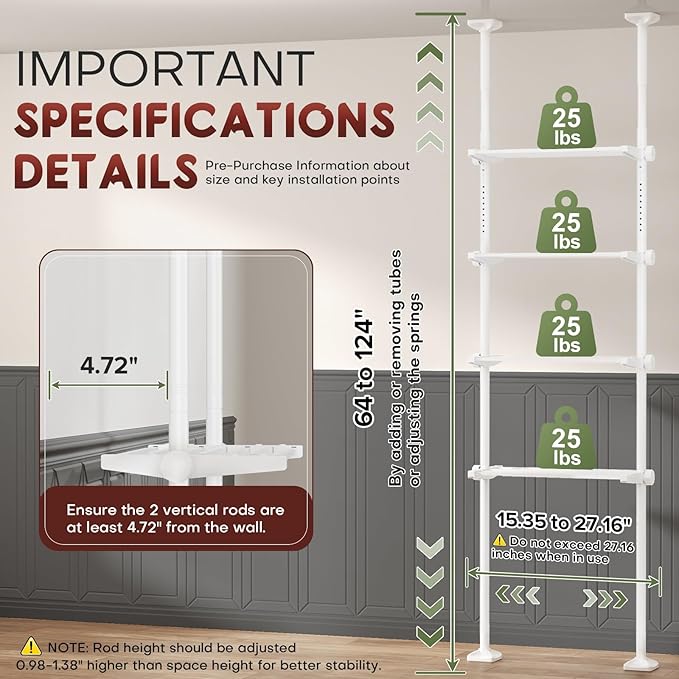 Goovilla Over The Toilet Storage Shelf, 4 Tier Bathroom Organizer Shelves with 64-124inch(H) 15-27inch(W) Adjustable No Drilling Tension Mounting, White Space Saver Bathroom Shelf Rack Above Toilet