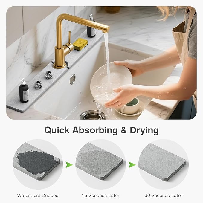30" x 4" Stone Faucet Mat for Kitchen Sink, Quick Drying Diatomite Sink Tray, Faucet Sink Splash Guard for Prevents Moisture Buildup (Light Gray)