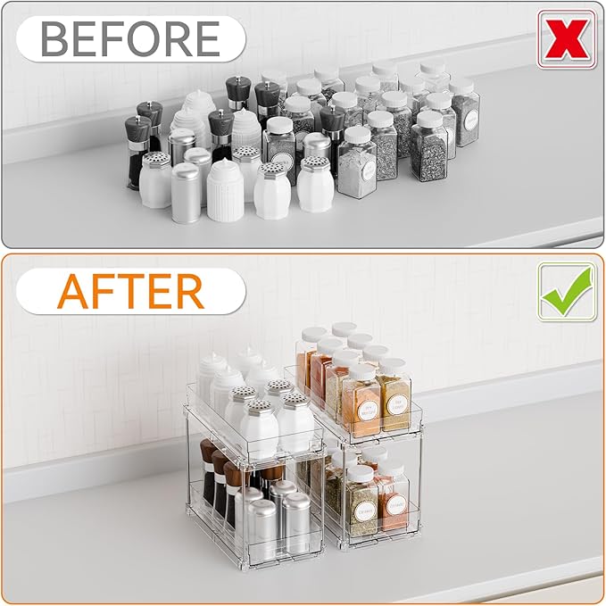 Yieach 2 Pack 2 Tier Vertical Spice Rack Pull Out,10.4'' Deep Narrow Slide Out Spice Rack Organizer for Inside Cabinets,Kitchen,Pantry,Cupboard Seasoning,Can,Jar Organizer and Medicine Cabinet Storage