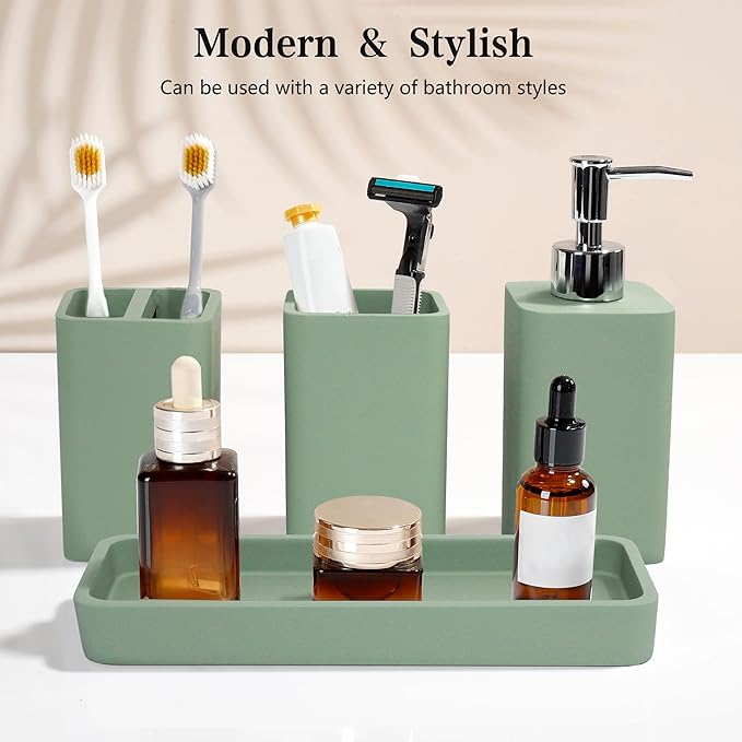 Bathroom Accessories Set, 4 Pcs Bathroom Accessory Set, Soap Dispenser, Toothbrush Holder, Qtip Holder Set, Bathroom Sets Complete, Bathroom Sink Set for Modern Home Decor,Green