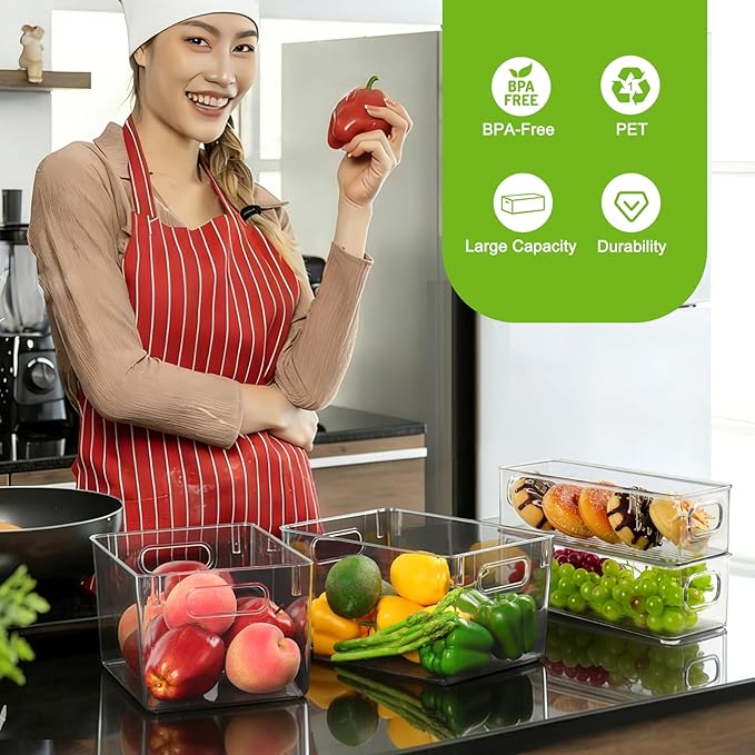 Hudgan 8 Pack Pantry Organizers and Storage, 4 Large Plastic Storage Bins and 4 Small Stackable Clear Containers for Home, Kitchen Cabinet, Freezer, Bathroom Shelf, Office