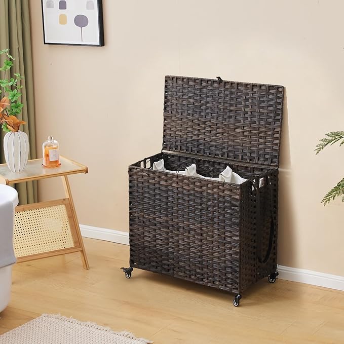 Laundry Hamper with Wheels, 34.3 Gallon(130L) Rolling Laundry Basket with Lid, 3-Section Rattan Clothes Hamper with 3 Removable Liner & 3 Mesh Bags, Laundry Sorter with Side Pocket, Brown