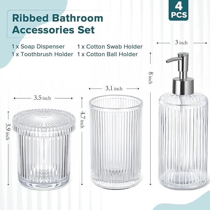 Bathroom Accessories Set, 4 Pack Clear Glass Bath Accessory Sets Complete, Ribbed Soap Dispenser and Toothbrush Holder Set with 2 Qtip Holders, Modern Sliver Bathroom Counter Decor
