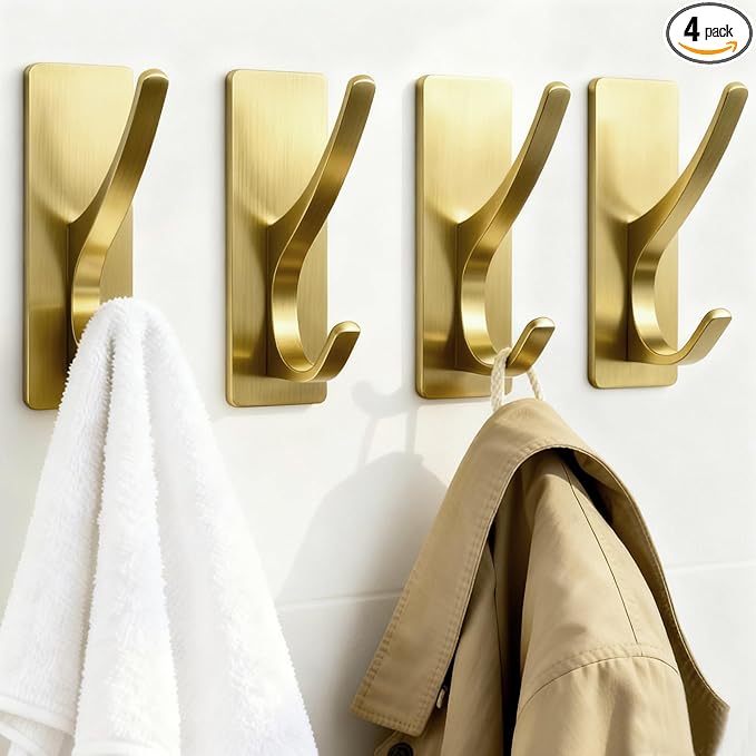 pickpiff Self Adhesive Coat Hooks for Hanging: Heavy Duty Stainless Wall Hook for Towel, Utensil, Backpack, Hat, Sturdy Metal Hanger for Bathroom, Kitchen, Door, 4-Pack, Brushed Gold