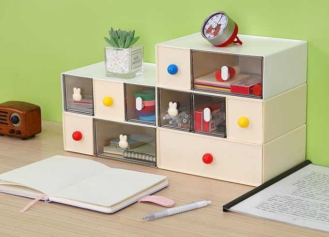Desktop Storage Drawers, Plastic Desk Organizer with 6 Drawers, Modular Stackable Toolbox Units for Office Stationary, Makeup Container, Bathroom Countertop (3 Tiers, White & Clear)