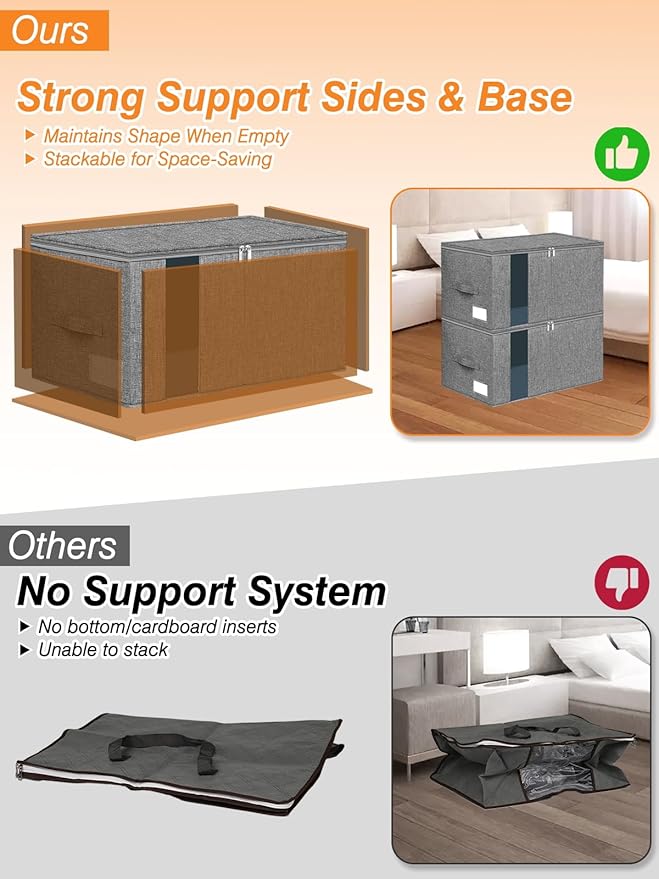 boailydi 60L Blanket/Comforter Storage Bag w/Rigid Side & Bottom Support, Stackable Clothes Storage Bin for Sweaters Bedding Sets Quilts Pillows, Closet Organizer, 21.7x14.2x11.8in, 2 Pack, Gray