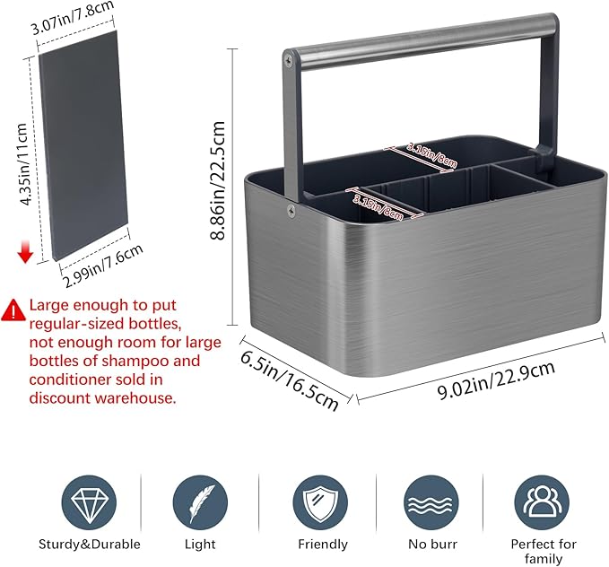 BYUNER Portable Shower Caddy Dorm: Compact Bathroom Caddy Organizer with Handle & Adjustable Dividers, Hard Plastic Shower Basket Storage Tote for Toiletry, College Dorm Room Essentials for Men Gray