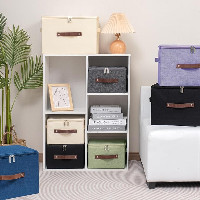 Storage Bins with Zipper Lid Foldable Fabric Lidded Storage Boxes Baskets Cubes Washable Collapsible PU Leather Handle Cotton Linen Shelves Closet Organizer Container(Purple, Small Size)