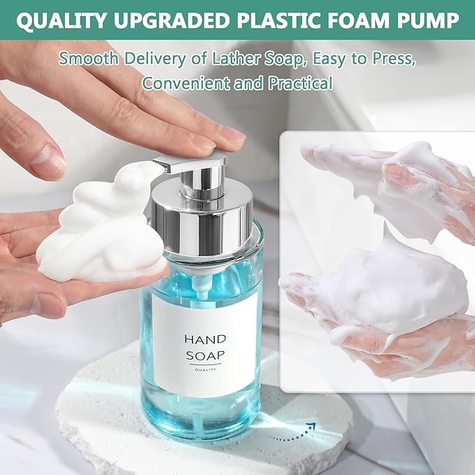Glass Soap Dispenser, 10 oz/300ml Foaming Soap Dispenser, 4 Pack Foaming Hand Dispenser for Bathroom & Kitchen, Clear Refillable Foam Soap Bottle with Silver Pump