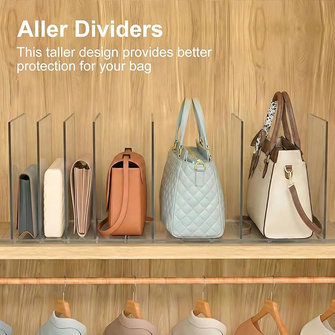 Bag & Purse Organizer for Closet: Adjustable Clear Handbag Storage Shelf - Plastic Clutch Dividers for Closet Organizers and Storage - Keep Carteras & Pocketbook Upright