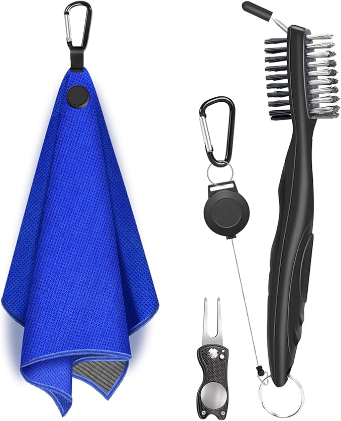 Magnetic Golf Towel, 3 PCS Microfiber Golf Towels with Brush and Divot Tool for Men, Industrial Strength Magnet Accessories for Strong Hold to Golf Bags, Carts or Clubs (3 Pack Blue)