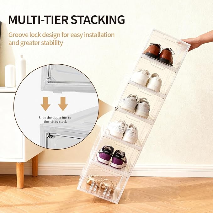 Shoe Boxes Shoe Storage Boxes Display Boxes with Magnetic Doors and Stackable Design, Ideal for Hallways, Under Beds, Wardrobes, and Living Rooms (Magnetic Door-Clear, 6 Pack)