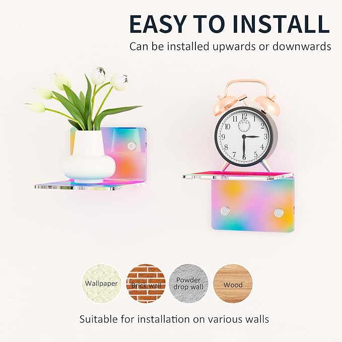 4 Inches Iridescent Small Wall Shelves, 4mm Thickness Acrylic Small Floating Shelf for Figures, Plants, Security Cameras, Speakers, Moisture-Proof, 2 Pack