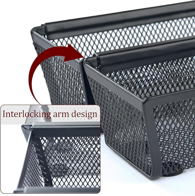 4PCS Drawer Organizer for Kitchen,Utensil Mesh Drawer Organizer with Interlocking Arm for Cosmetic,Flatware,Pen (12 * 3 * 2 Inches,Black)