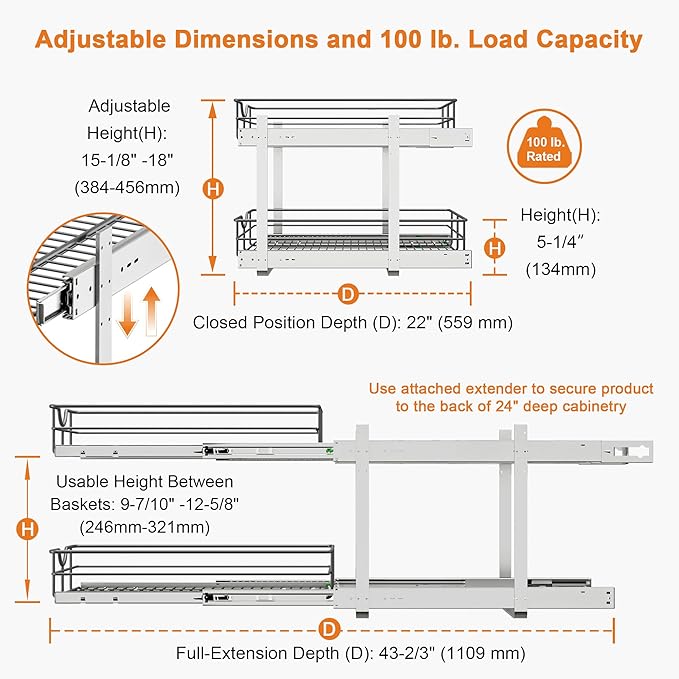 ALINE FURNITURE 2-Tier Pull Out Cabinet Organizer - 17" W x 22" D Soft Close Pullout Shelves with Shelf Liners - Slide Out Drawers for Kitchen Cabinets, Pantry, Bathroom, Heavy Duty Steel Wire Baskets