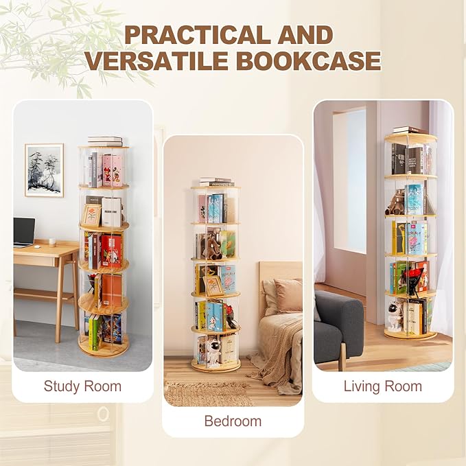 360° Rotating Bookshelf, 5-Tier Spinning Book Shelf Tower with Solid Wood & Clear Acrylic, Round Revolving Bookcase for Living Room, Bedroom and Office
