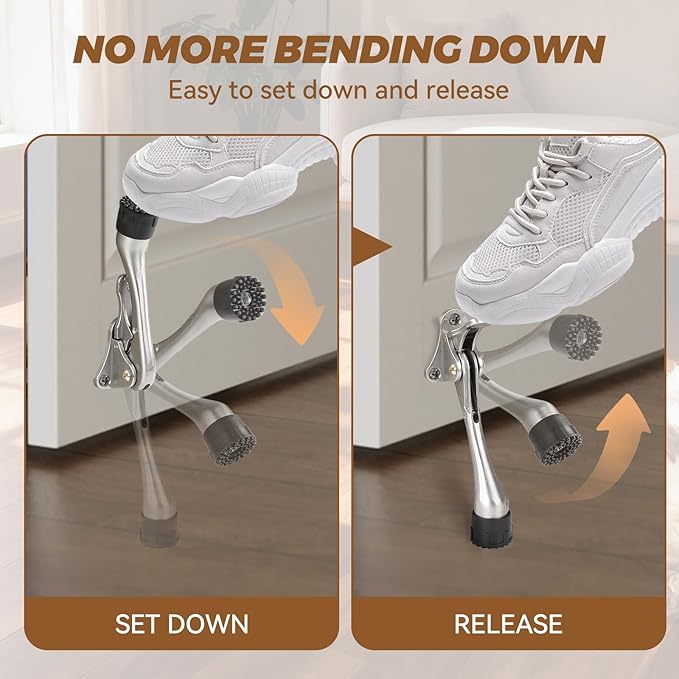 Kickdown Door Stopper 5Inches - 2 Packs One Touch Adjustable Height Door Stop for The Bottom of Door The Bottom of Door Aluminum Alloy Metal Door Stopper with Rubber Tip White