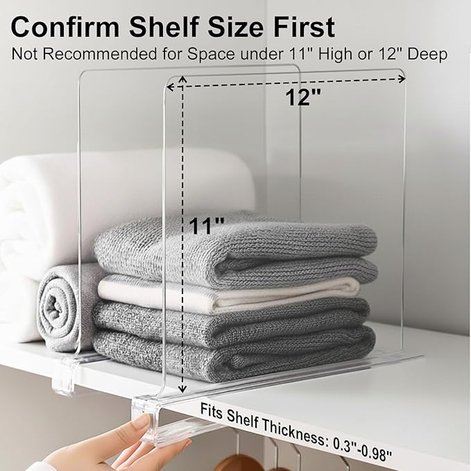 Shelf Dividers Purse Organizer for Closet: 11-inch Tall(Higher Version) Acrylic Sweater Organizer - Upgraded Extra Height for Large Handbags, Totes, Clothes, Towels on Wood Shelves 10-Pack