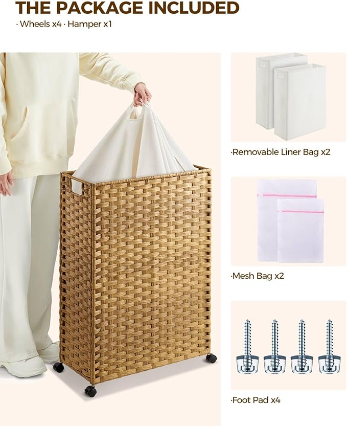 Greenstell Laundry Hamper with Wheels & Handles, 26.4 Gallon (100L) Slim Laundry Basket with 2 Removable Liner Bags & 2 Mesh Bags, Foldable Narrow Clothes Hamper for Bedroom, Bathroom, Closet, Natural