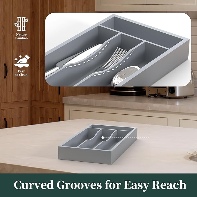 Silverware Organizer, Bamboo Kitchen Drawer Organizer, Utensil Holder, Cutlery Tray & Spoon Flatware Storage with Grooved Drawer Dividers (Grey)
