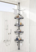 32-122inch Corner Shower Caddy Tension Pole Grey, Rustproof Drill-Free Shower Shelves for Bathroom Bathtub Washbasin, Adjustable Shower Organizer with 4 Tier Patent Stable Shelves & Towel Bars
