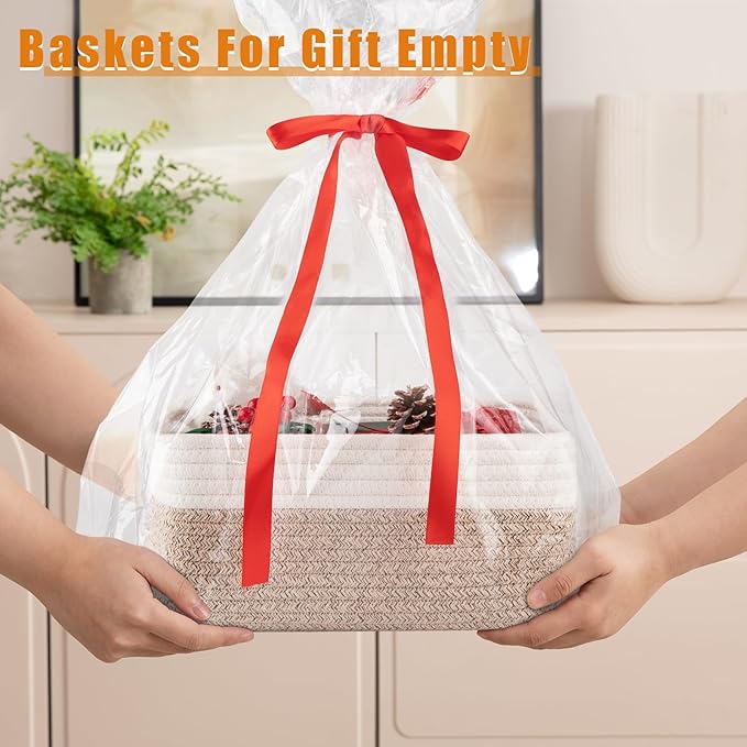 OIAHOMY 4 Pack Storage Baskets for Organizing, Small Bins for Shelves, Cute Decorative Storage Bins, Organizer Baskets for Gifts Empty, 14.2''Lx11''Wx6.3''H, Brown/White
