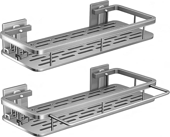 EVALAND Shower Caddy Adhesive 2-Pack with Hooks and Rod for Towels, Silver – Premium Bathroom Shower Shelves, Shampoo Organizer, Bathtub Shelf, Rustproof, Easy Installation, Sturdy Modern Look