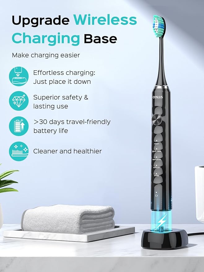 COSLUS C40 Sonic Electric Toothbrush for Adults: 47000 VPM for Deep Cleaning & Whitening with Travel Case - 5 Modes for Sensitive Teeth & Braces, Wireless Charging, 6 Brush Heads, Black & Green (2PCS)