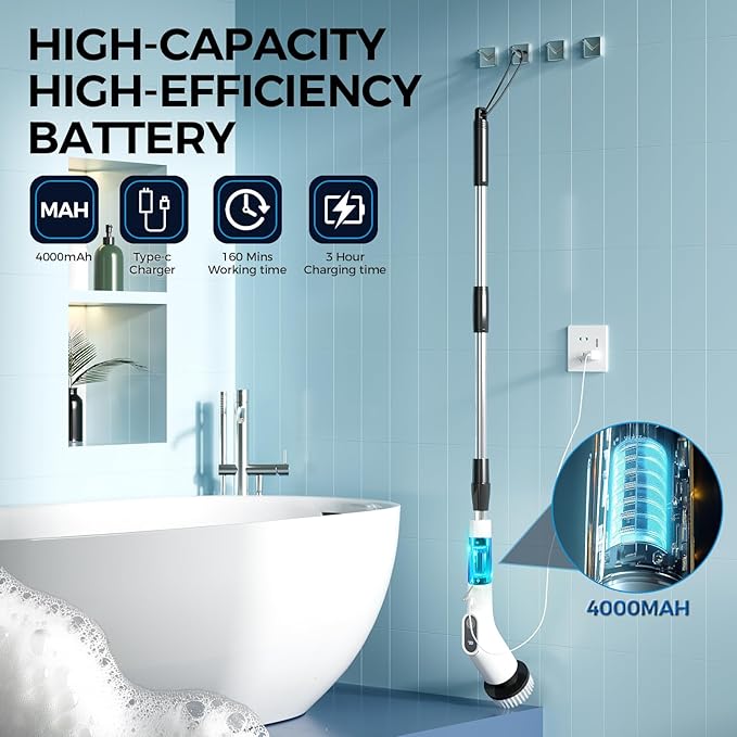 TBFWiCO Electric Spin Scrubber, Shower Cleaning Brush with 8 Replaceable Brush Heads, IPX7 Waterproof & 50KGF High-Torque Motor, Adjustable Long Handle, for Bathroom, Kitchen, Tile & Floor Cleaning