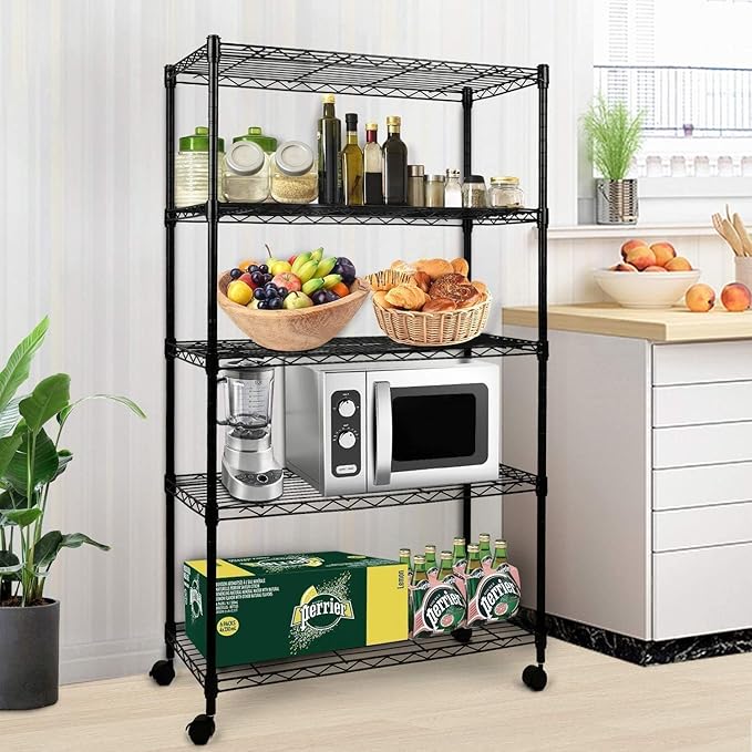 Simple Deluxe 5-Tier Heavy Duty Adjustable Shelf with Wheels, 23.23”W x 13.39”D x 59.45”H,Metal Storage Rack, Easy Tool-Free Assembly for Garage, Warehouse, Basement, Laundry, Black
