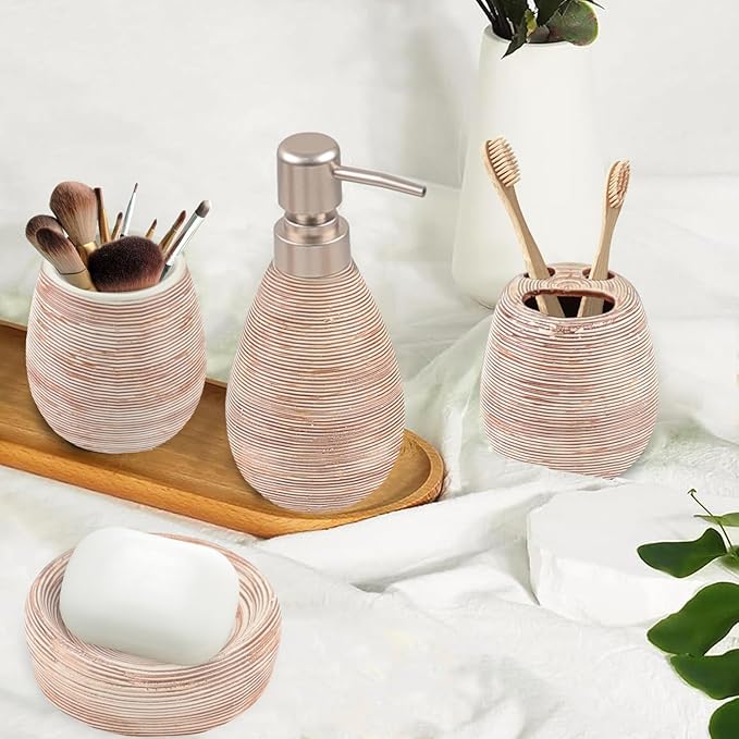CERBIOR Bathroom Accessories Set,4 Pcs Ceramic Bathroom Decor Accessory,Includes Toothbrush Holder, Toothbrush Cup, Soap Dish for Decorative Countertop and Housewarming Gift(Brown 4pcs)