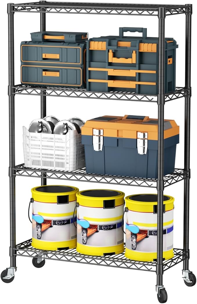 SINGAYE 4 Shelf Storage Wire Shelves Closet Bathroom Organizers Metal Pantry Kitchen Garage Shelving Unit Laundry Room Organization Home Narrow Rack Net Basket with Wheels Black