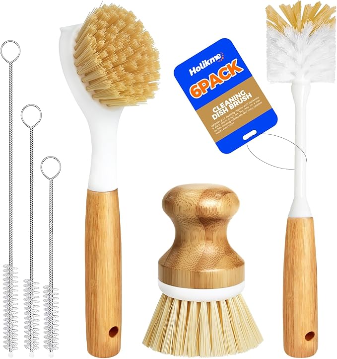 Holikme 6 Pack Dish Brush Kitchen Brushes Set with Vegetable Palm Brush, Bottle Brush, Dish Brush and Straw Brush, Fruit Cleaning Brushes for Cleaning Potato Skillet Wok Pot Pan Cast Iron, Yellow
