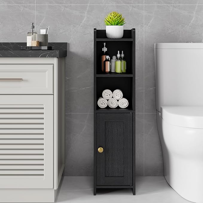 Small Bathroom Storage Cabinet Corner, Floor Cabinet with Adjustable Shelves, Freestanding Narrow Bathroom Toilet Paper Organizers for Small Spaces (Black)