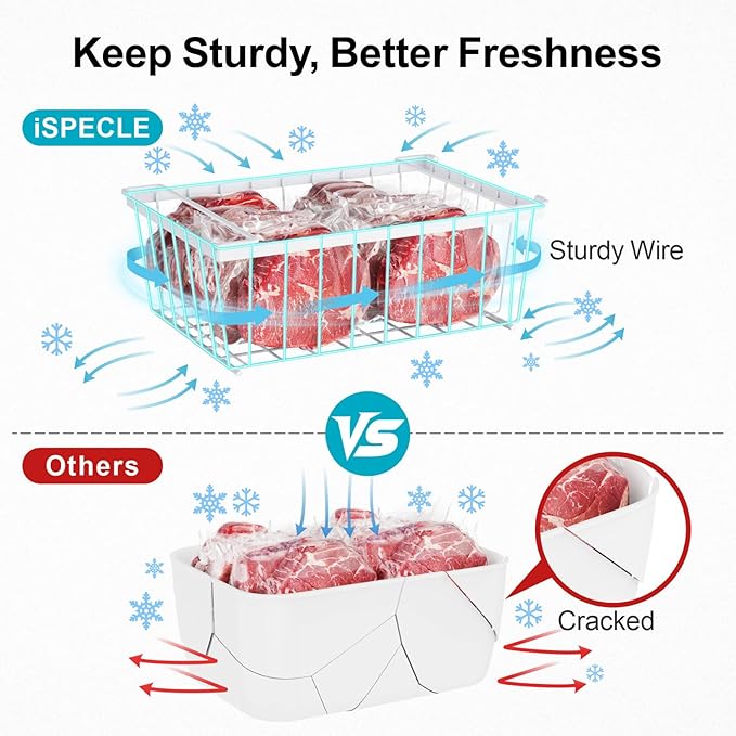 iSPECLE Deep Freezer Organizer, 8 Pack Wire Baskets for 5 Cu.Ft Chest Freezer & Upright Freezers (Over 8.5 Cu.Ft), 14" x 9.4" Stackable Heavy Duty Storage Bins Easy Access to Sort Meat, White