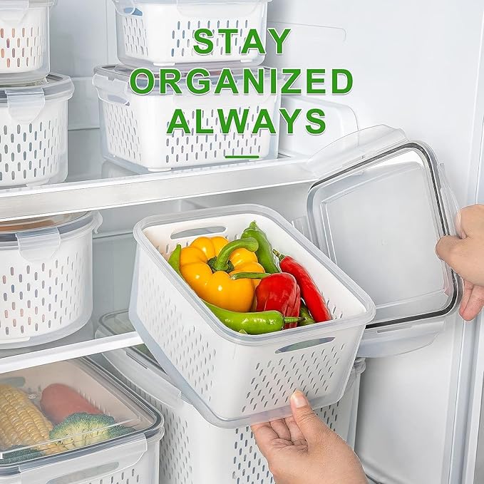 Freshmage Fruit Storage Containers for Fridge with Removable Colander, Airtight Food Storage Container, Dishwasher Safe Produce Saver for Refrigerator, Keep Berry Fruit Fresh Longer 6 pcs Large Clear