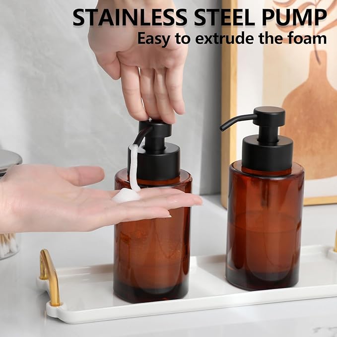 Foaming Soap Dispenser Set, 12 Oz Glass Hand Soap Dispenser with 304 Rust Proof Stainless Steel Pump, Waterproof Labels, for Bathroom Decor Kitchen College Dorm, Brown Black Pump 2 Pack