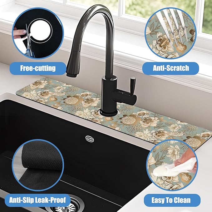 Sink Splash Guard Faucet Mat Peonies Bird and Butterflies Absorbent Fast Drying Mat Sink Gadgets Splash Guard Behind Faucet Drip Catcher for Kitchen Bathroom 23.5"X5.5"