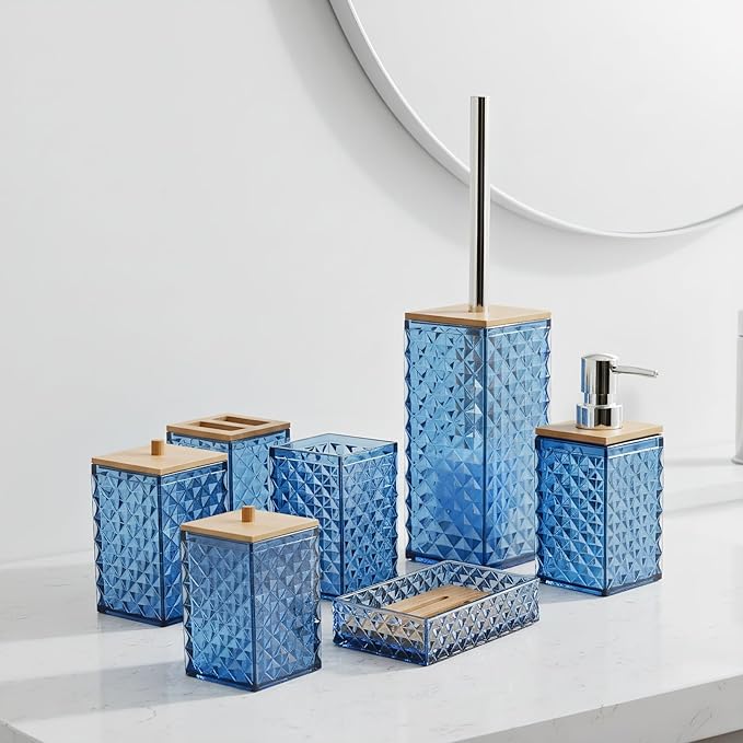 Bathroom Accessory Set,7 Pcs Blue Bathroom Set Include Soap Dispenser, Qtip Holder Dispenser, Soap Dish,Toilet Brush,Toothbrush Holder & Mouthwash Cup.Boho Bathroom Set