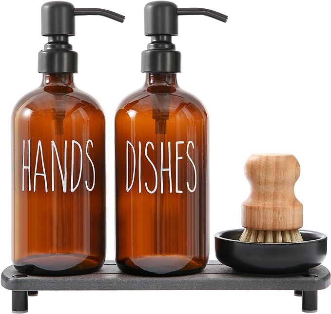 MOMEEMO Amber Glass Soap Dispenser Set Comes with Stainless Steel Pumps, Instant Dry Tray, and Dish Scrub Brush, Suitable for Soap Dispenser for Kitchen Sink. (Amber)