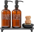 MOMEEMO Amber Glass Soap Dispenser Set Comes with Stainless Steel Pumps, Instant Dry Tray, and Dish Scrub Brush, Suitable for Soap Dispenser for Kitchen Sink. (Amber)