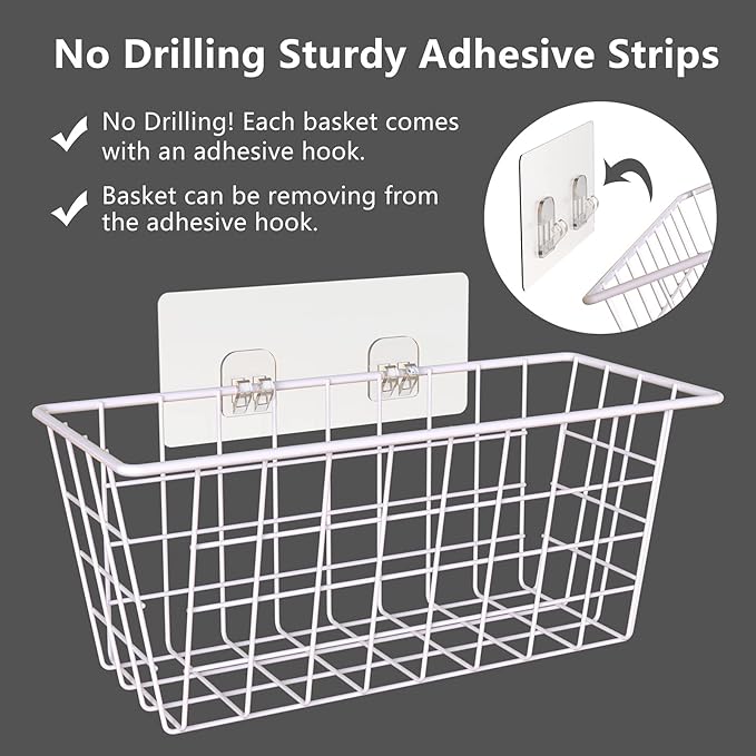 MaraFansie Wall Wire Baskets Bin No Drilling Adhesive Hanging Baskets Wall Mounted for Cabinet & Pantry Organization and Kitchen, Bathroom, Bedroom Storage, 2 Pack, White