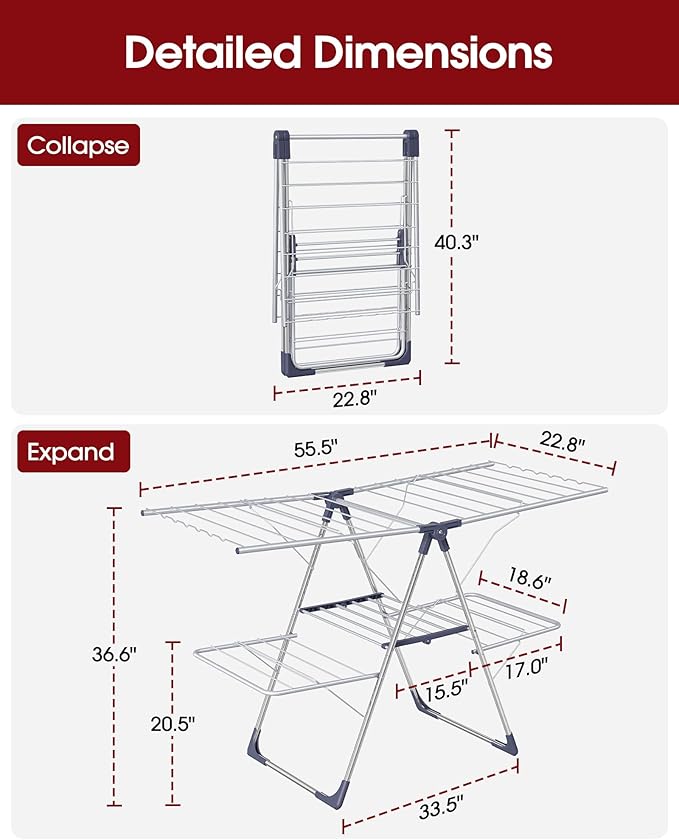 Sakugi Clothes Drying Rack, Foldable 2-Level Laundry Drying Rack with Height-Adjustable Wings, for Clothing & Bedding, Free-Standing Space-Saving Rack, Indoor & Outdoor, 55.5"L × 22.8"W, Silver Blue