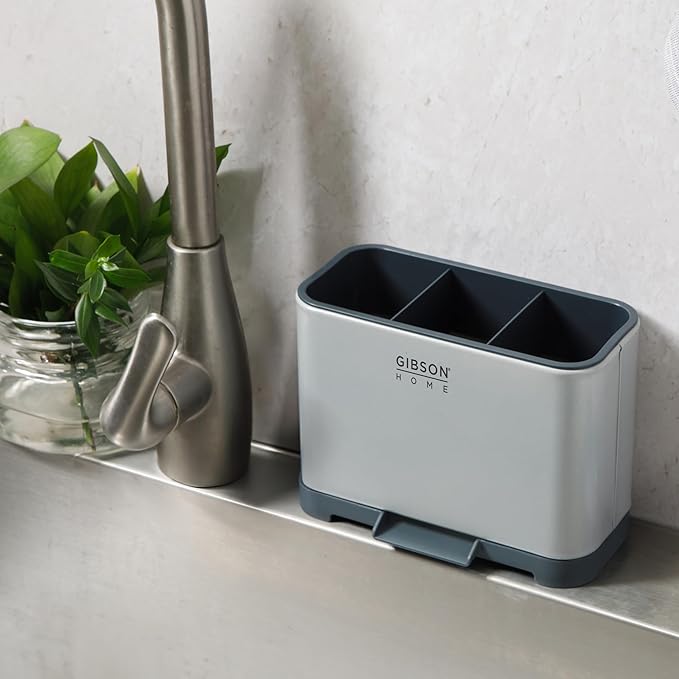 Gibson Home Ledgebrook Sink Caddy With Metal Panel, Sponge Holder for Kitchen Sink, Countertop Organizer and Storage Essentials With Drain Board