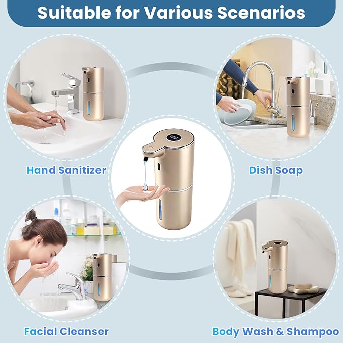 Automatic Soap Dispenser, Touchless Liquid Soap Dispensers, USB Rechargeable, 6-Level Adjustable Volume Control, 12.8oz/380ml, Wall Mount for Kitchen, Bathroom, Free Stickers (Champagne Gold)