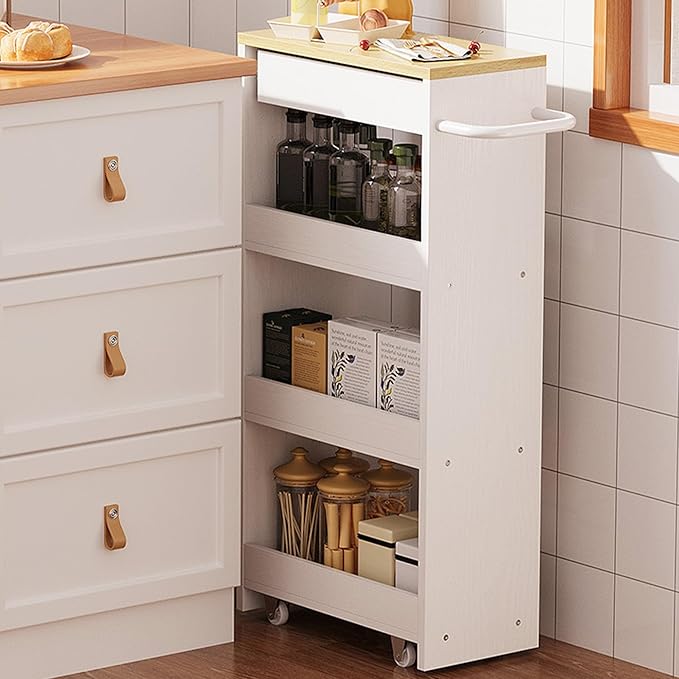 IRONCK Slim Storage Rolling Cart with Drawer and Wheels and Handle, 4 Tier Slide Out Utility Kitchen Cart for Small Spaces Kitchen Laundry Narrow Places, White