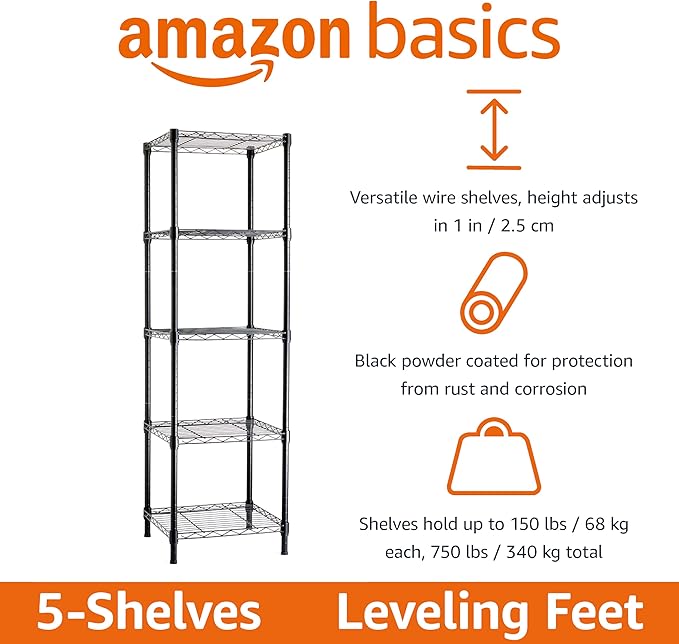 Amazon Basics 5-Shelf Tower Adjustable Storage Shelving Unit for Garage, Rust-Resistant Steel, 150 lbs Per Shelf, 16" W x 16" D x 54" H, Black