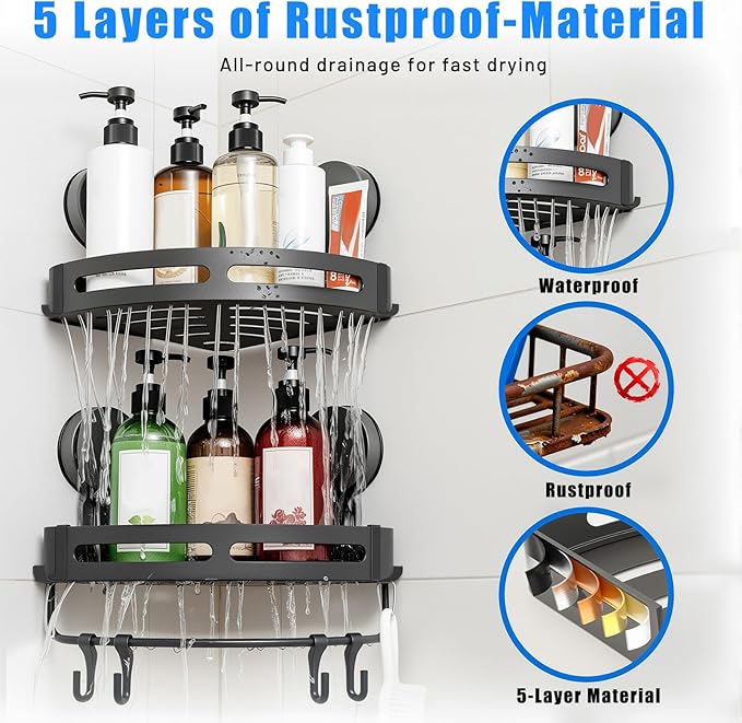 XXKMDXW Corner Shower Caddy Suction Cup Shower Shelf Corner No Drilling Bathroom Shower Organizer Storage Rack Suction Cup Type with Towel Bar Hooks